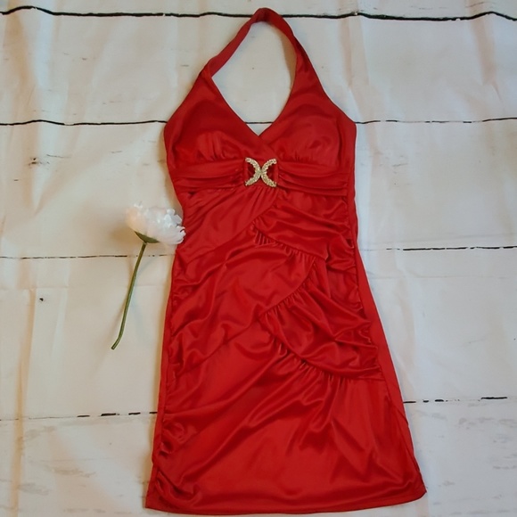 red satin debs dress